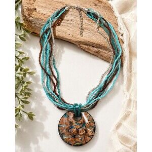 Artisan Multi Strand Seed Bead Necklace Large Abstract Pendant Turquoise Brown